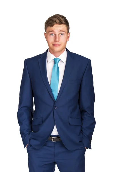 ビジネス 人およびオフィス コンセプト 青いスーツが白で隔離の幸せの笑みを浮かべてビジネスマン — ストック写真