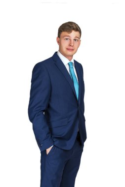 İş, insan ve office kavramı - beyaz izole mavi elbiseli mutlu gülümseyen iş adamı.