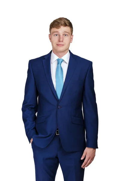 Firmy Osoby Koncepce Šťastný Usmívající Podnikatel Modrém Obleku Izolované Bílém — Stock fotografie