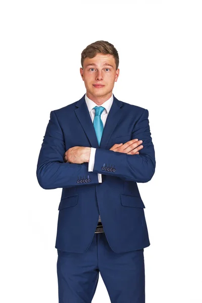 Businessman Navy Blue Color Suit Crossed Arms Isolated White Background — Stock Photo, Image