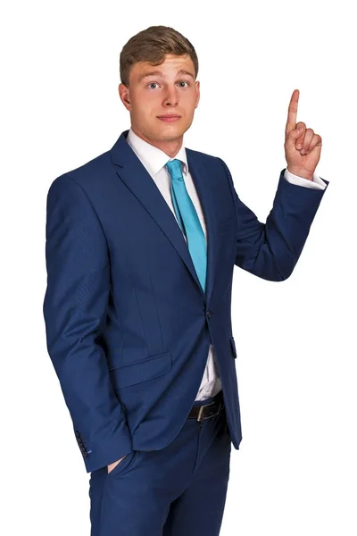 Affärsman Marinblå Kostym Isolerade Över Vit Bakgrund Pekar Uppåt — Stockfoto