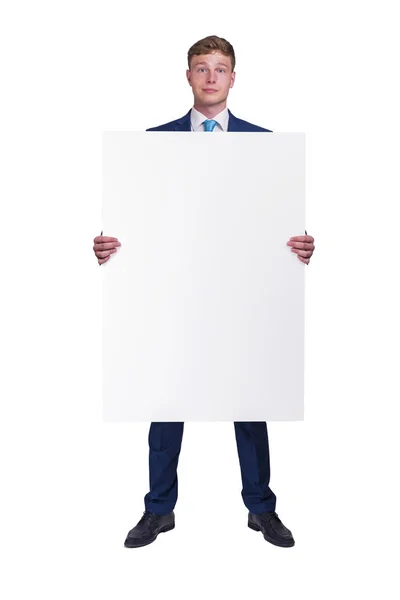 Zakenman Blauwe Siut Bedrijf Leeg Banner Board Geïsoleerd Witte Achtergrond — Stockfoto