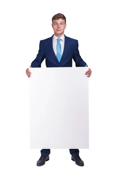 Businessman Blue Siut Holding Blank Banner Board Isolated White Background — Stock Photo, Image