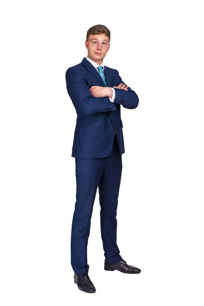 Businessman Blue Color Suit Crossed Arms Isolated White Background — Stock Photo, Image