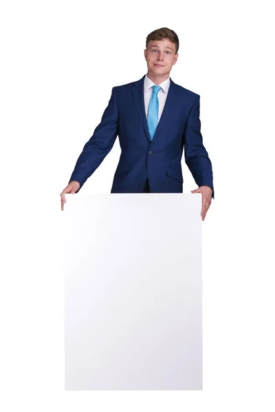 Affärsman Blå Siut Håller Tom Banner Styrelse Isolerade Över Vit — Stockfoto