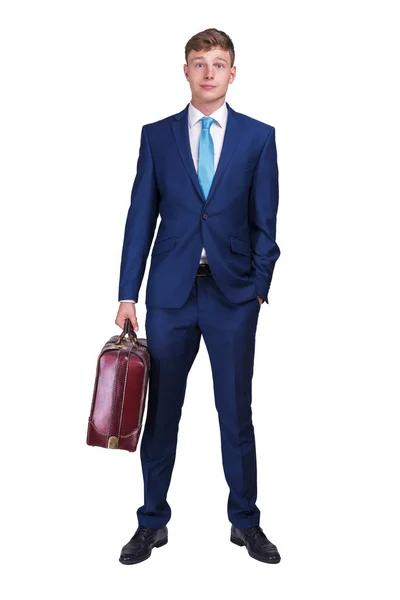 Business Man Blue Suit Suitcase Hand Standing White Background Isolated — Stock Photo, Image