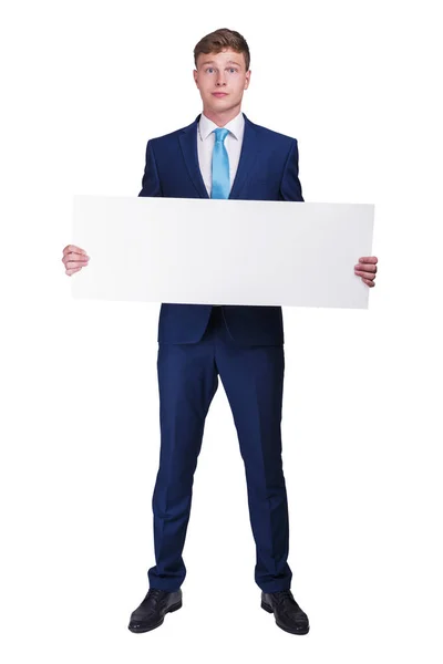 Бизнесмен Синем Сито Держит Чистую Доску Плакатами Изолированный Белом Фоне Стоковое Фото