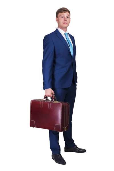 Obchodní Muž Modrém Obleku Kufr Ruce Stojící Nad Bílým Pozadím — Stock fotografie