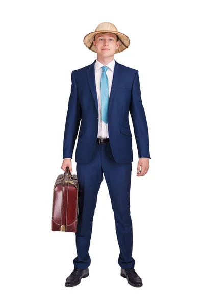 Affärsman med resväska, kostym och resor hatt, isolerade över wh — Stockfoto