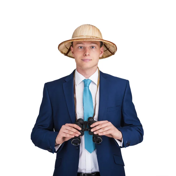Podnikatel v obleku izolované na bílém pozadí s binocula — Stock fotografie