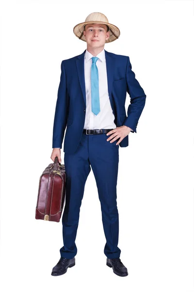 Бізнесмен з валізою, костюмом і капелюхом, ізольовані над Wh — стокове фото