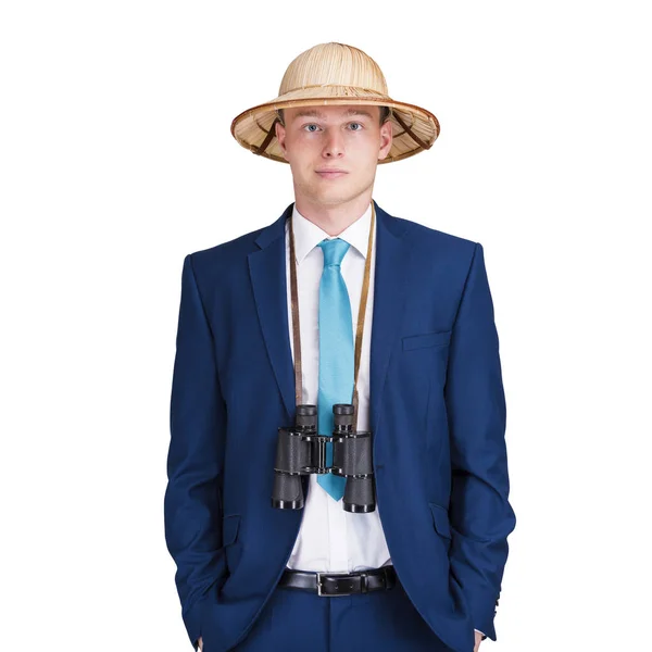 微光ナイト ビジョン単眼と白い背景で隔離のスーツのビジネスマン — ストック写真