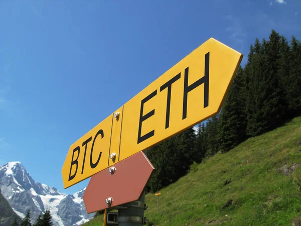Bitcoin Ethereum Road Sign Alpine Scenery — Stock Photo, Image