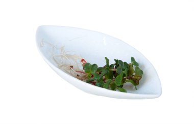 Sağlıklı beslenme için taze mikroyeşil küçük tabakta izole edilmiş.