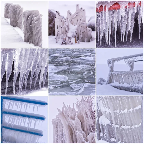 Colagem de fotos de dias frios de inverno com muitos ícones — Fotografia de Stock