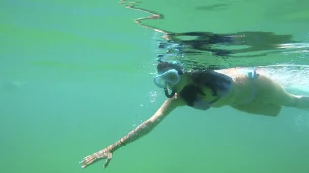 年轻的西班牙女孩游泳自由泳风格透明水中在西班牙布拉瓦海岸 — 图库视频影像