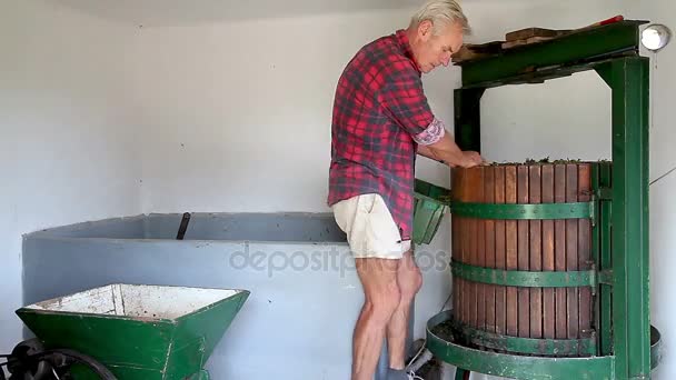 L'agricoltore senior lavora con la macchina per la vinificazione — Video Stock