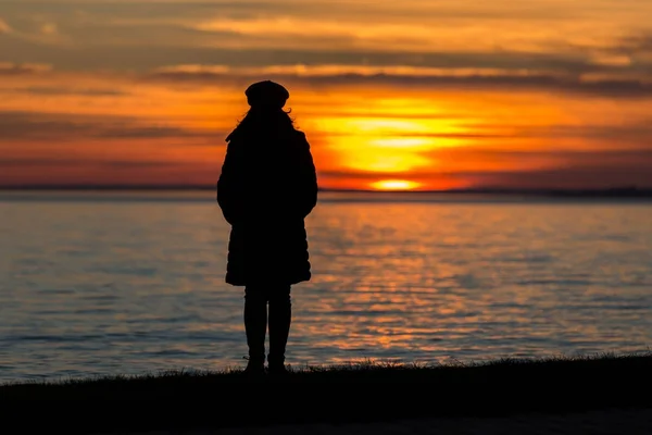 Silueta de la gente en la luz del atardecer cerca del lago Balaton en Hungría —  Fotos de Stock