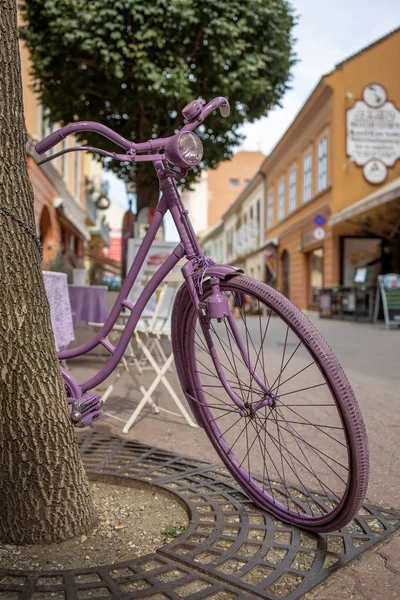 Lila lackiertes Fahrrad auf der Straße in einer ungarischen Stadt. — Stockfoto