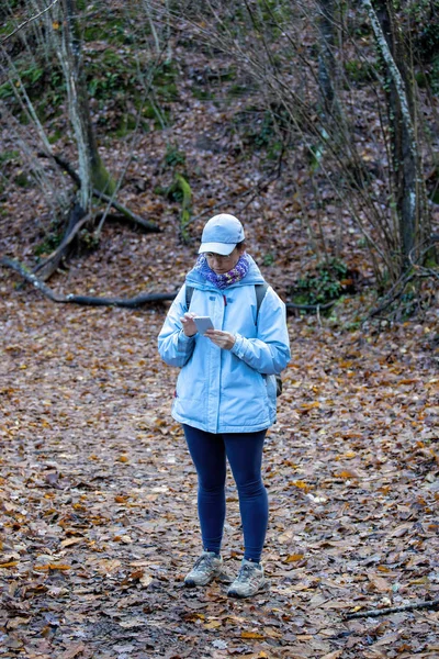 Pěkný turista v lese při pohledu na mobilní telefon — Stock fotografie