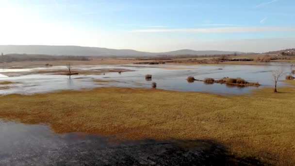 Aerial Winter Landscape Frozen Pond Sunset Light — 비디오