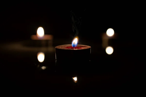 Three Candles Lit Dark Space — Stock Photo, Image