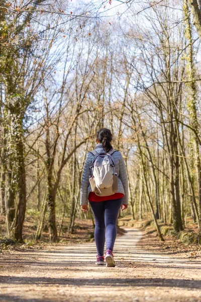 Sporty Spanish Woman Walking Pathway Forest Springtime Garrotxa Volcanic Zone — Stock Photo, Image