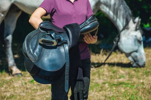 Girl rider holding a saddle horse in the background grazing animal. Horseback riding.