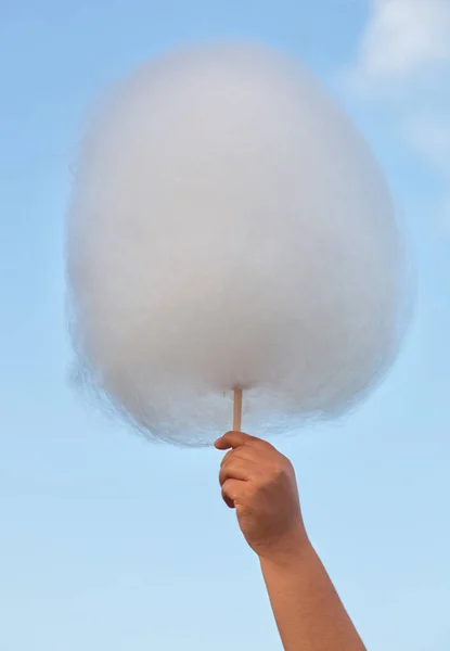 Un niño en la feria mantiene el algodón de azúcar comprado en la mano en el fondo del cielo nublado . — Foto de Stock