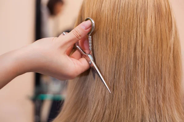 O cabeleireiro faz um corte de cabelo com a tesoura do cabelo — Fotografia de Stock