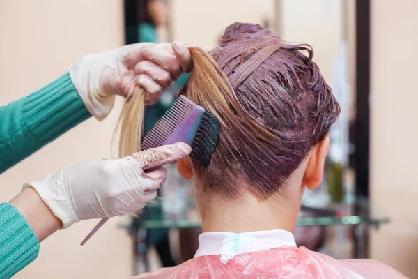 O cabeleireiro pinta o cabelo da mulher em branco, aplique a tinta em seu cabelo — Fotografia de Stock
