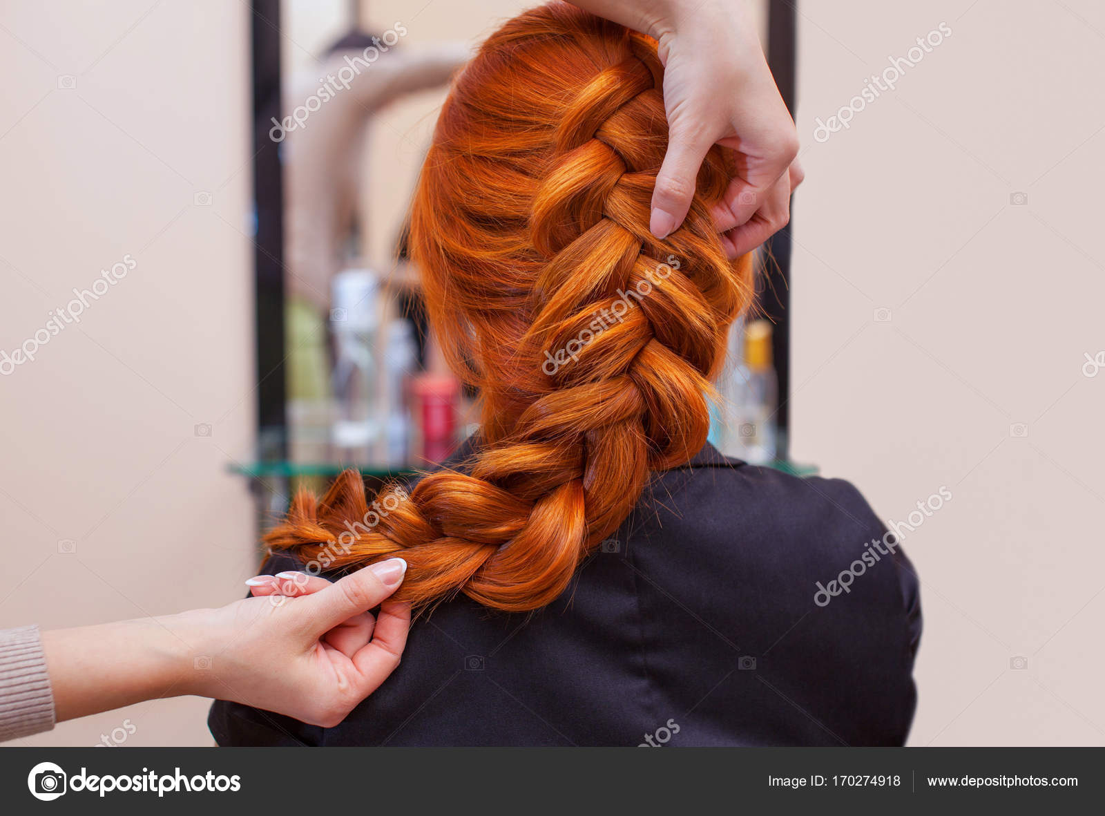 Beautiful Red Haired Girl With Long Hair Hairdresser Weaves A