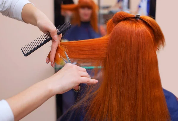 O cabeleireiro faz um corte de cabelo com a tesoura do cabelo — Fotografia de Stock