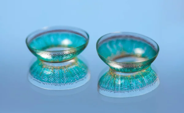 Pair Blue Contact Lenses Blue Background — Stock Photo, Image