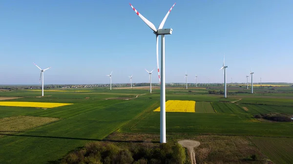 第２飛行場の風車だ 春には畑に囲まれた風力タービン農場 ポメラニア ポーランド — ストック写真
