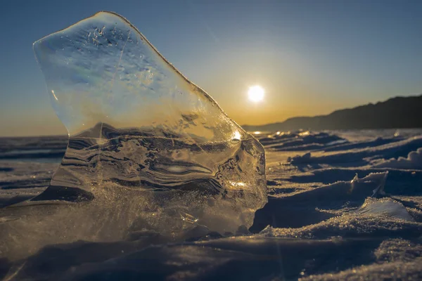 Winter Lake Ice Transparent Blocks Sunset — 스톡 사진