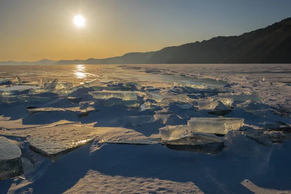 Winter Lake Ice Transparent Blocks Sunset — 스톡 사진