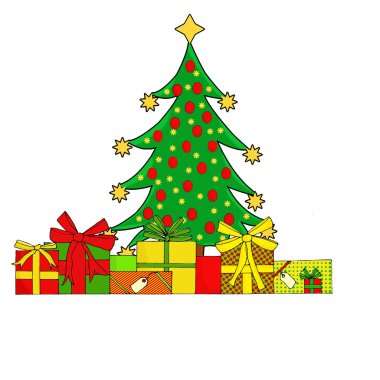 Süslü Noel ağacı ve hediyeler