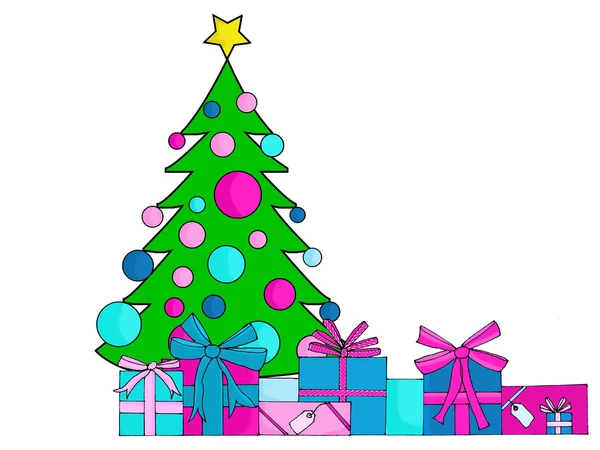 Decorated christmas tree and gifts — Stock Photo, Image