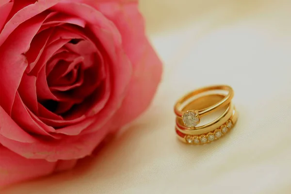 Anneaux de mariage et rose rose — Photo