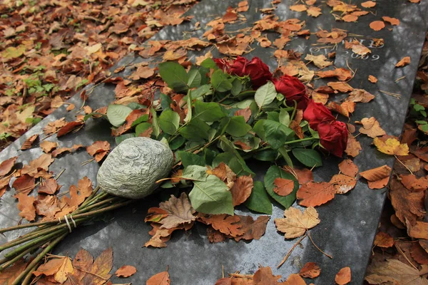 Rosas vermelhas em uma sepultura — Fotografia de Stock