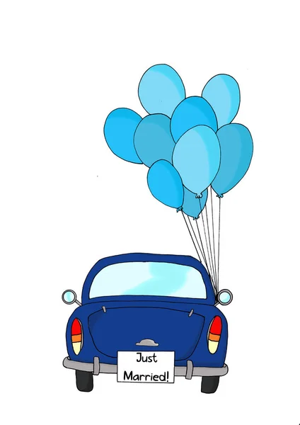 Nowożeńcy - niebieski samochodowe i balony — Zdjęcie stockowe