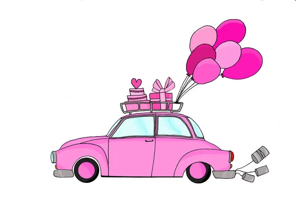 Just Married - pink car and balloons — Stock Photo, Image