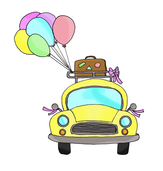 Just Married - pink car and balloons — Stock Photo, Image