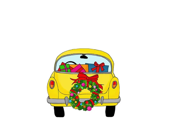 Żółty samochód christmas — Zdjęcie stockowe
