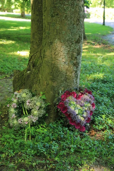 Részvét virágok közelében egy fa — Stock Fotó