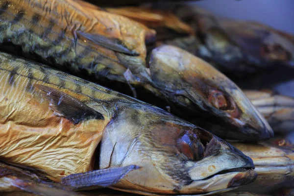 Gerookte makreel op marktkraam — Stockfoto