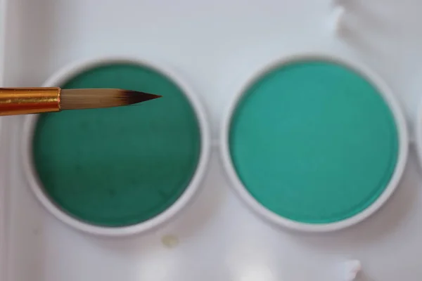 Zelená Akvarel Barvy Štětce Zblízka — Stock fotografie