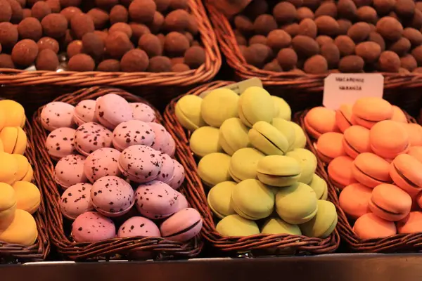 Macarons Chocolates Exposição Mercado — Fotografia de Stock