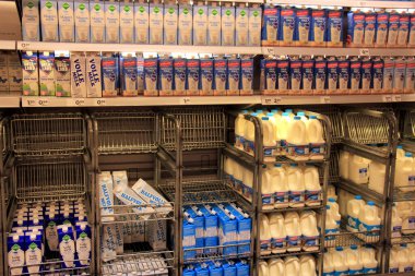 Haarlem, Hollanda - 8th Mayıs 2016: süt ürünleri, süt süpermarket buzdolabı farklı türleri. Metin etiketleri: ürün açıklamaları Euro Hollanda, fiyatlarındaki